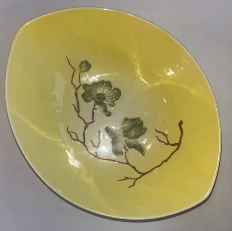 Yellow Carlton Ware Magnolia boat-shaped Chinese Antique Crackle Bowl 1950s