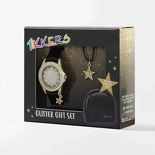 Tikkers Girl's Black Star Analogue Quartz Watch, Necklace and Glitter Purse Tikkers Girl's Black Star Analogue Quartz Watch, Necklace and Glitter Purse