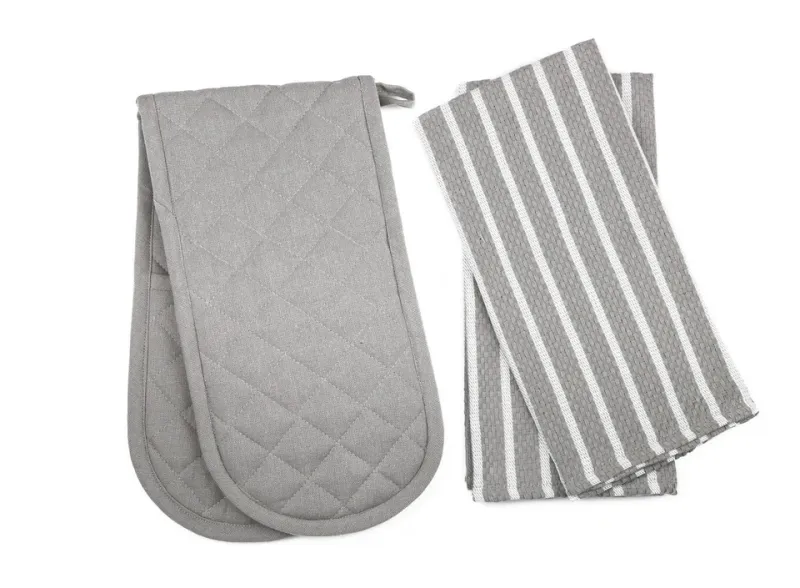 Penguin home Grey Oven Gloves / Striped tea Towel 2 Piece set