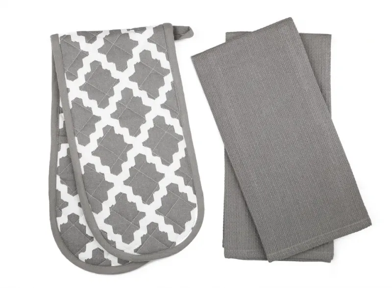 Penguin home Grey Patterned Oven Gloves / Striped tea Towel 2 Piece set