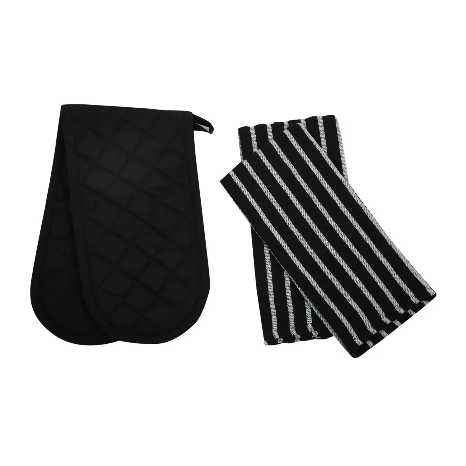 Penguin home Black Oven Gloves / Striped tea Towel 2 Piece set Penguin home Black Oven Gloves / Striped tea Towel 2 Piece set