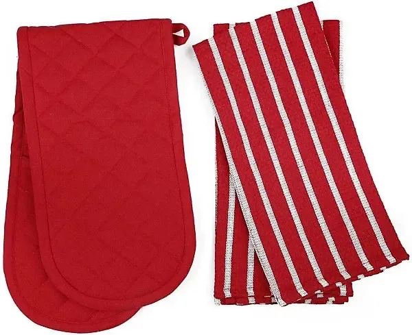 Penguin home Red Oven Gloves / Striped tea Towel 2 Piece set Penguin home Red Oven Gloves / Striped tea Towel 2 Piece set
