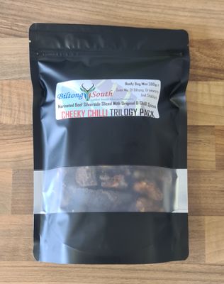 Cheeky Chilli Biltong, Droewors, Stokkies Trilogy Beefy Bag Mini 300g e