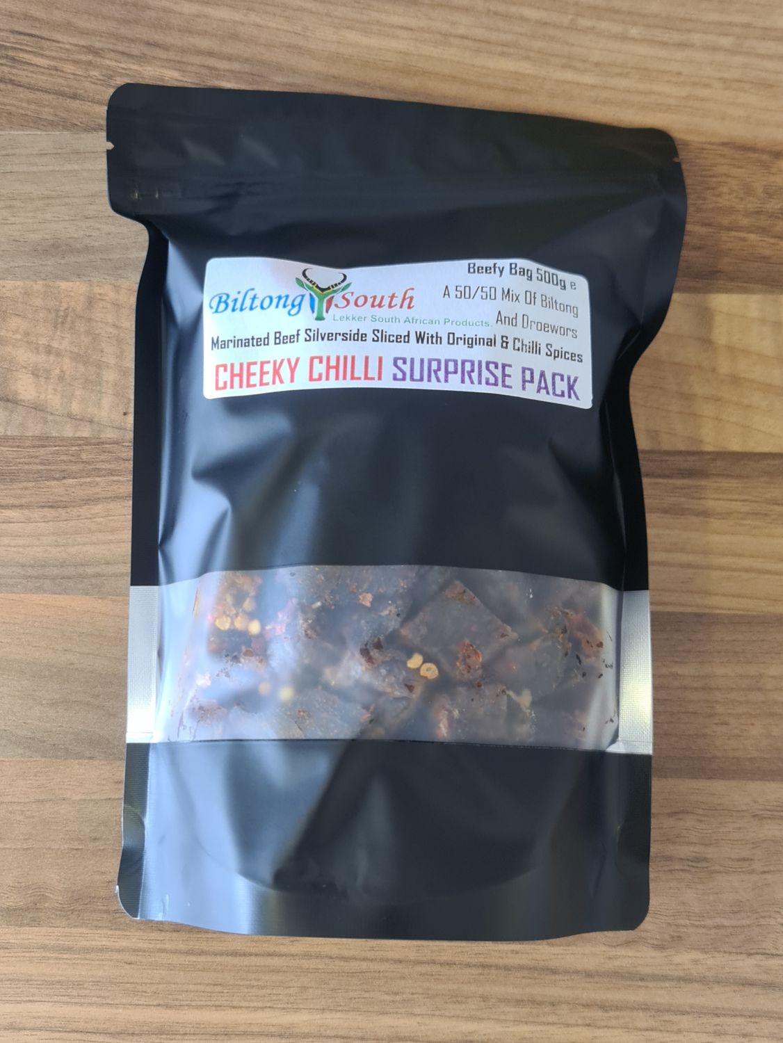 Cheeky Chilli Biltong &amp; Droewors Surprise Pack Beefy Bag 500g e