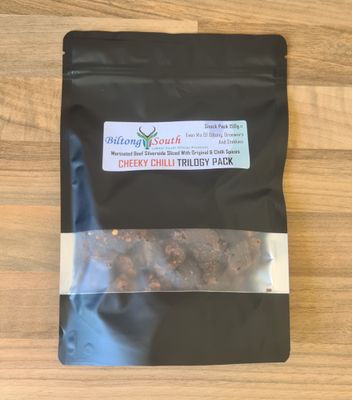 Cheeky Chilli Biltong, Droewors, Stokkies Trilogy Snack Pack 150g e