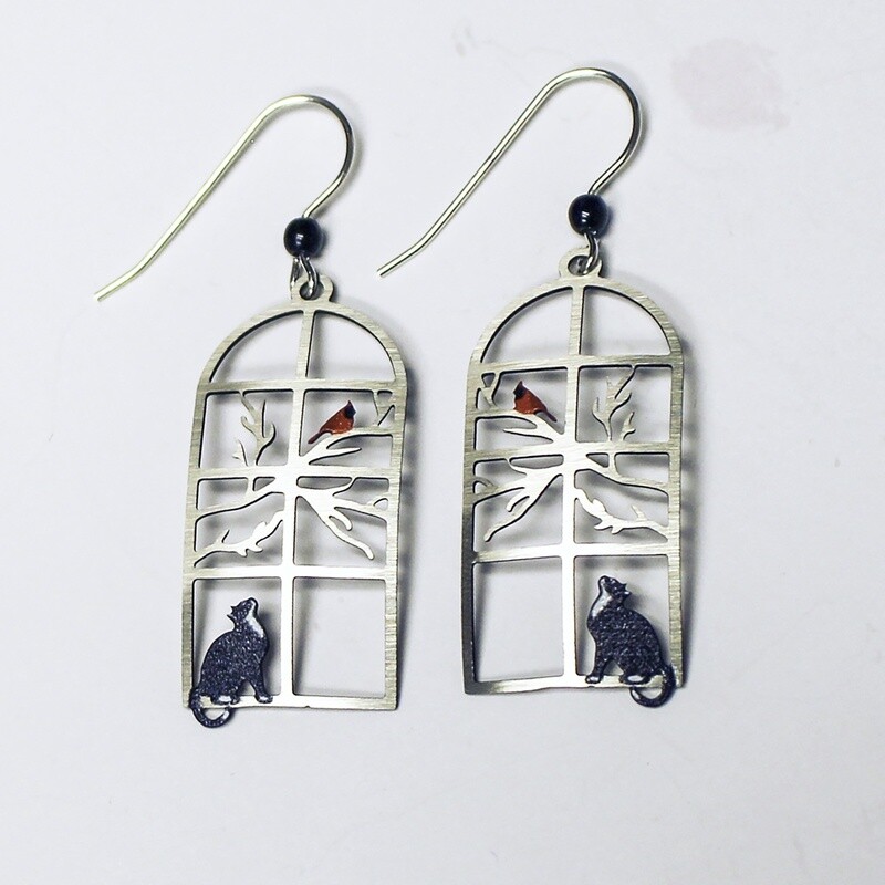 Cat Watching Bird in Window Earrings