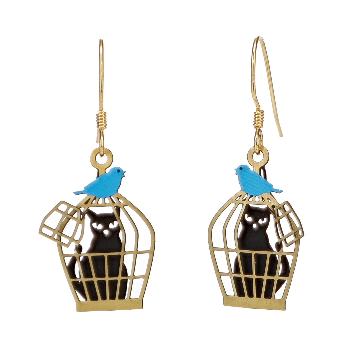 Cat in Cage with Bluebird Earrings