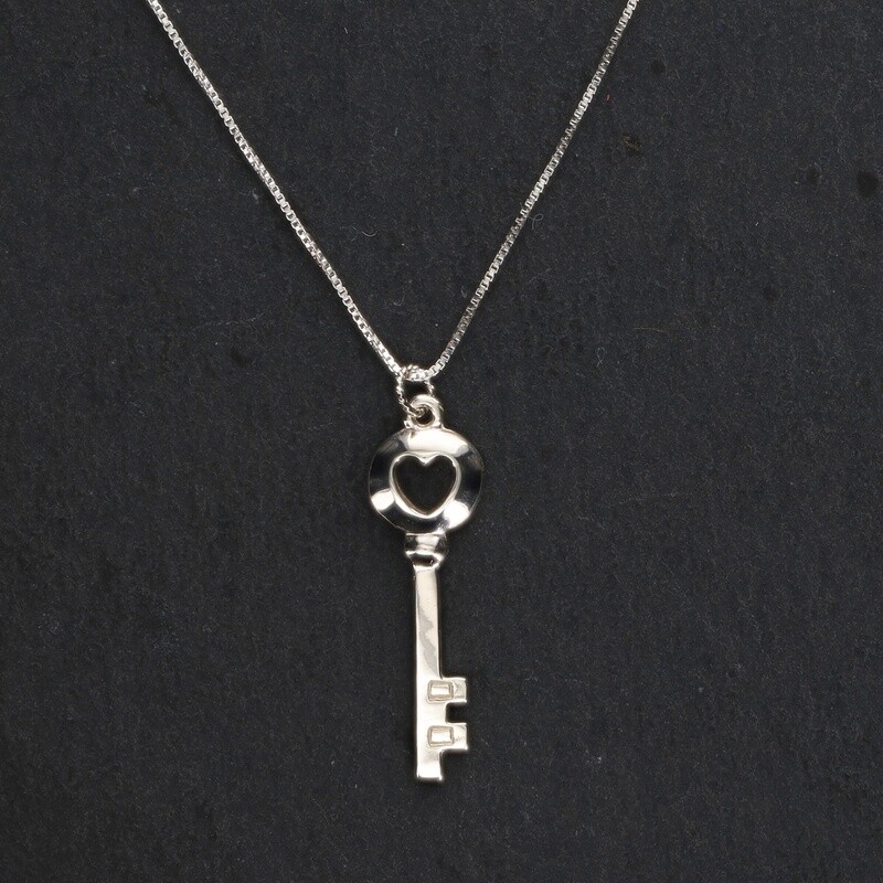 Silver Key Necklace with Heart