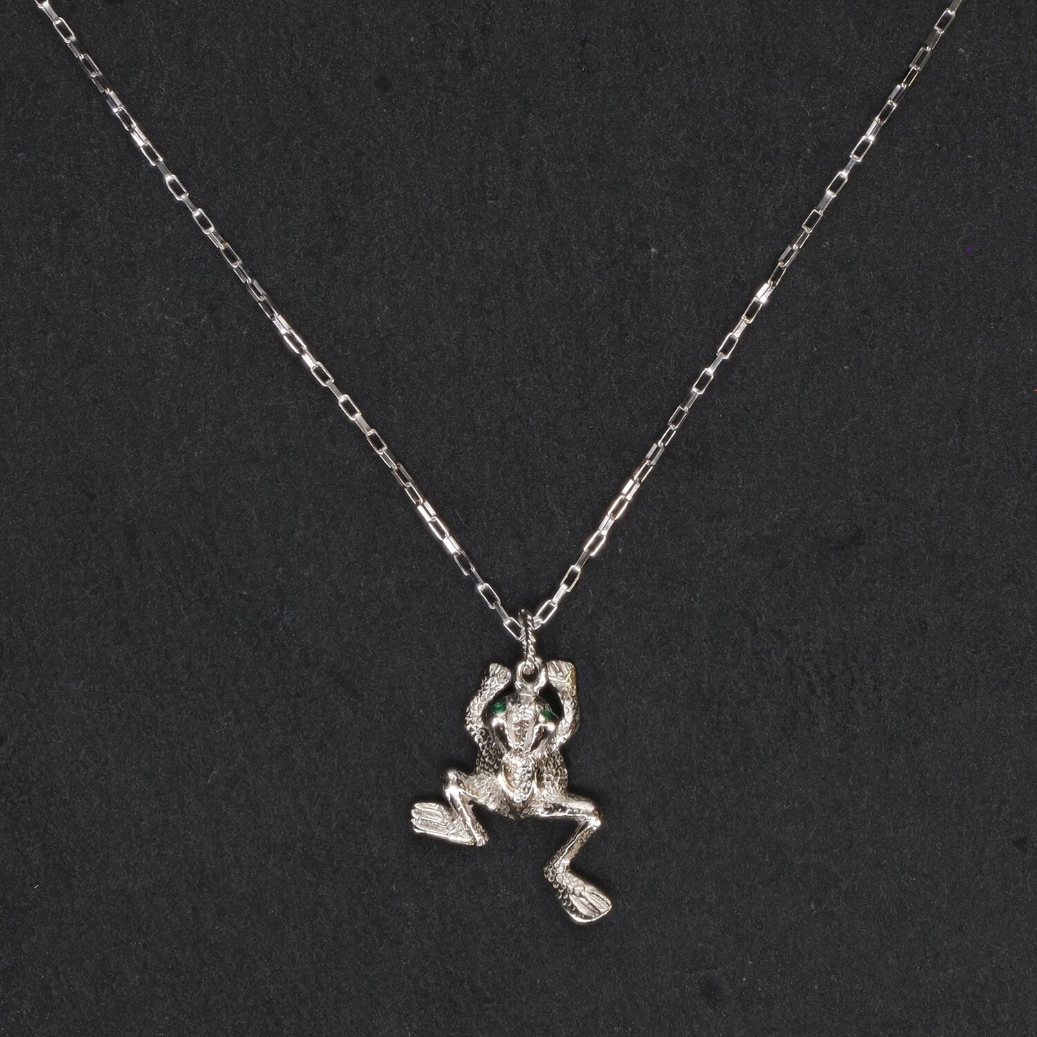 Silver Frog Necklace w/ Green Eyes
