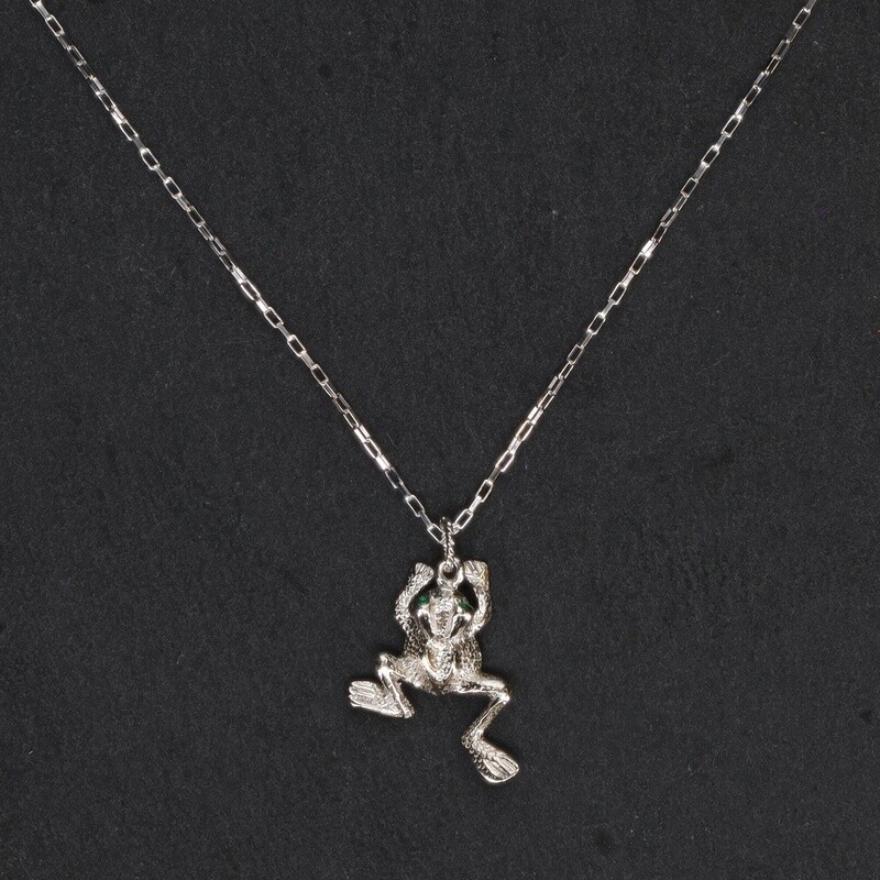 Silver Frog Necklace w/ Green Eyes
