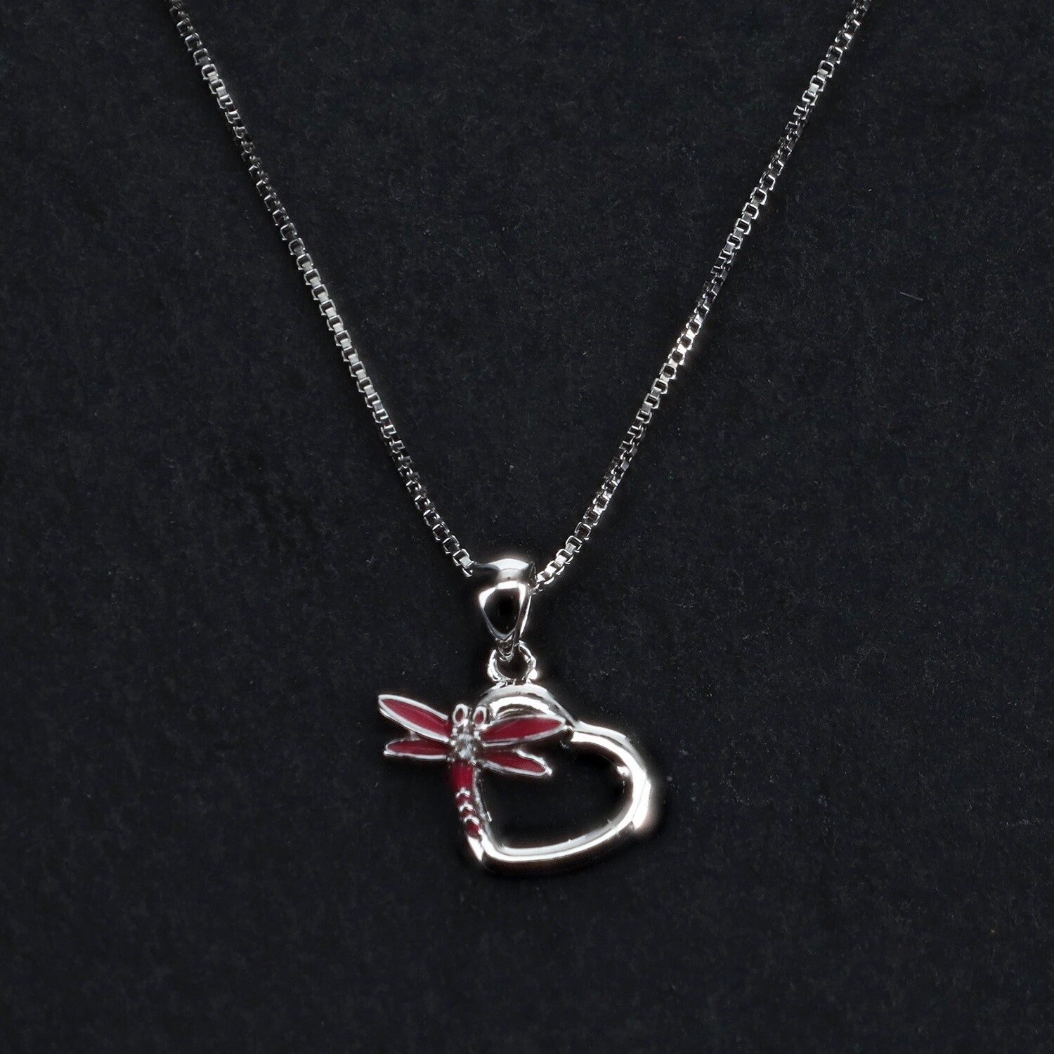 Heart w/ Pink Dragonfly on 18&quot; Box Chain