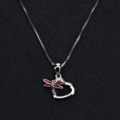 Heart w/ Pink Dragonfly on 18&quot; Box Chain