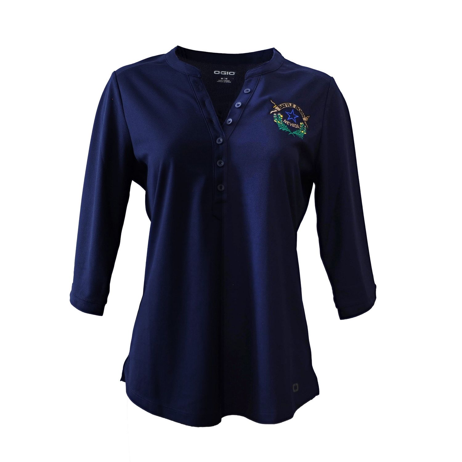 Ladies Navy Jewel 3/4 Sleeve Henley, Size: XSmall