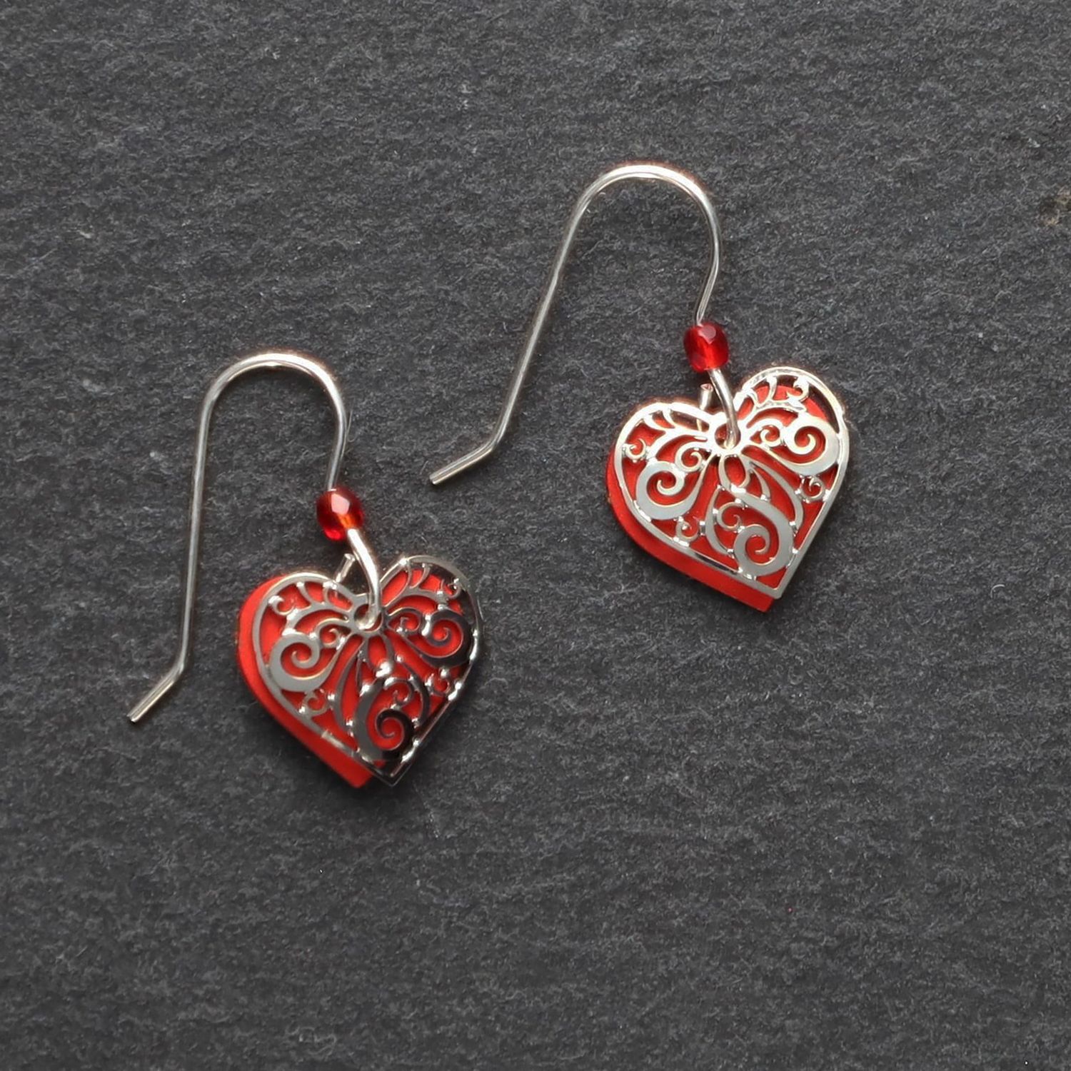 Red Heart Earrings with Silver Overlay