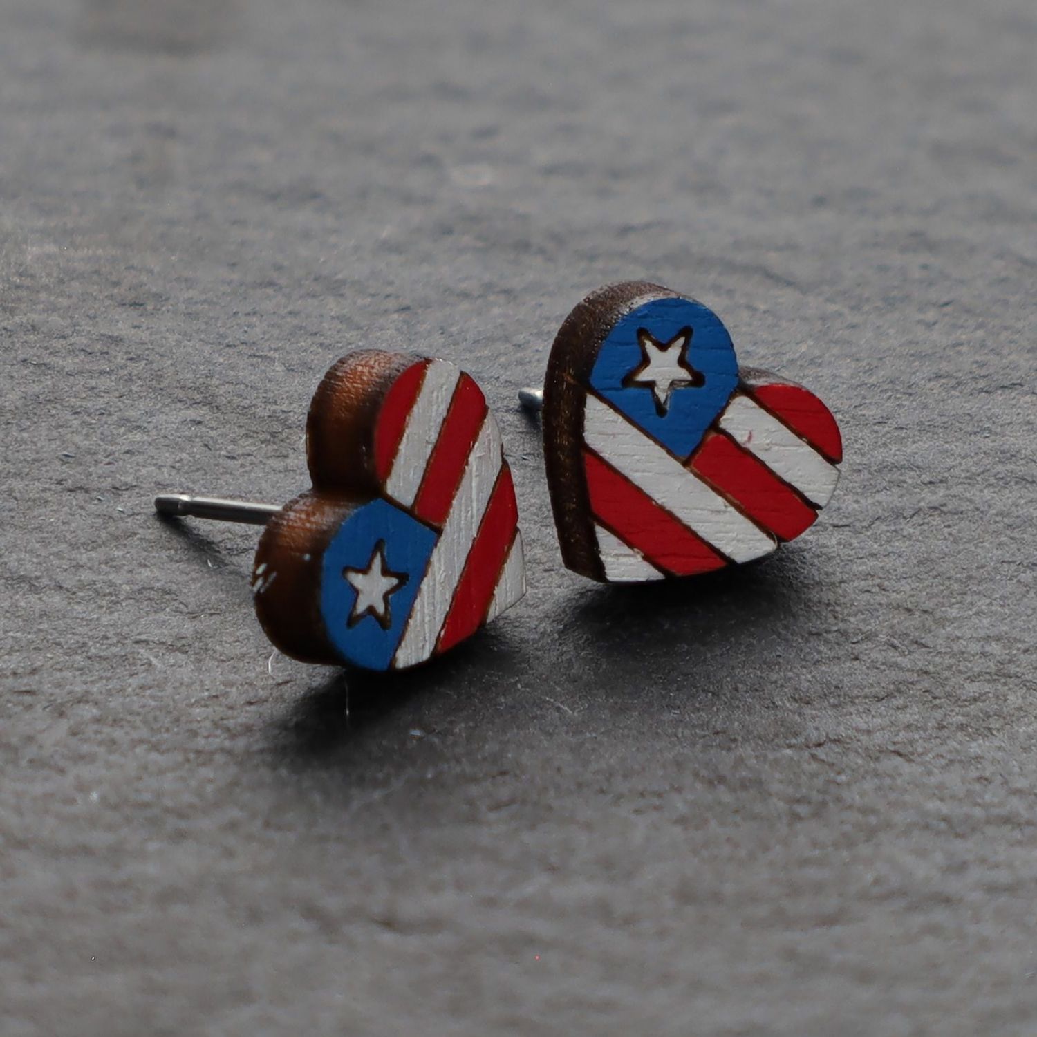 Flag Wood Stud Earrings, Shape: Heart