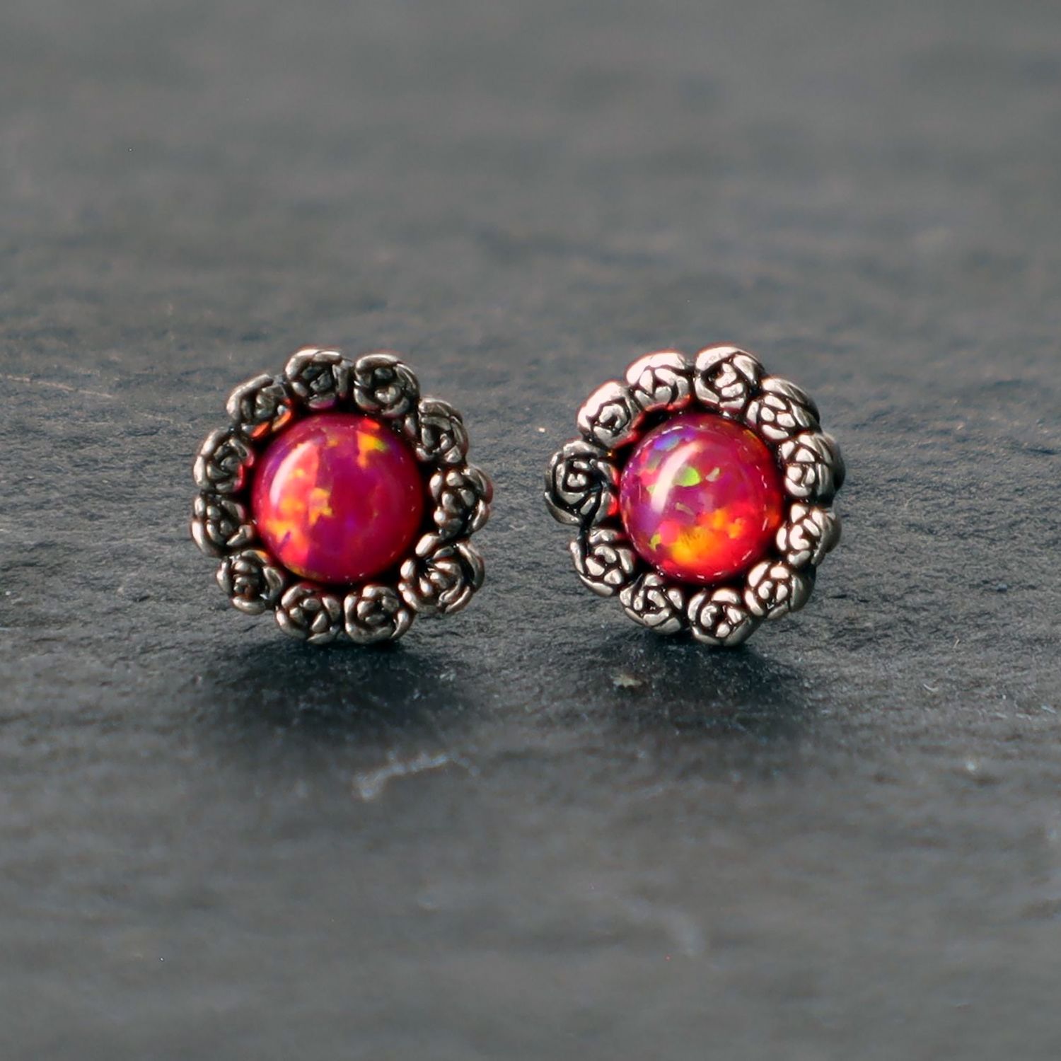 Opal and Silver Round Earrings, Colour: Fire