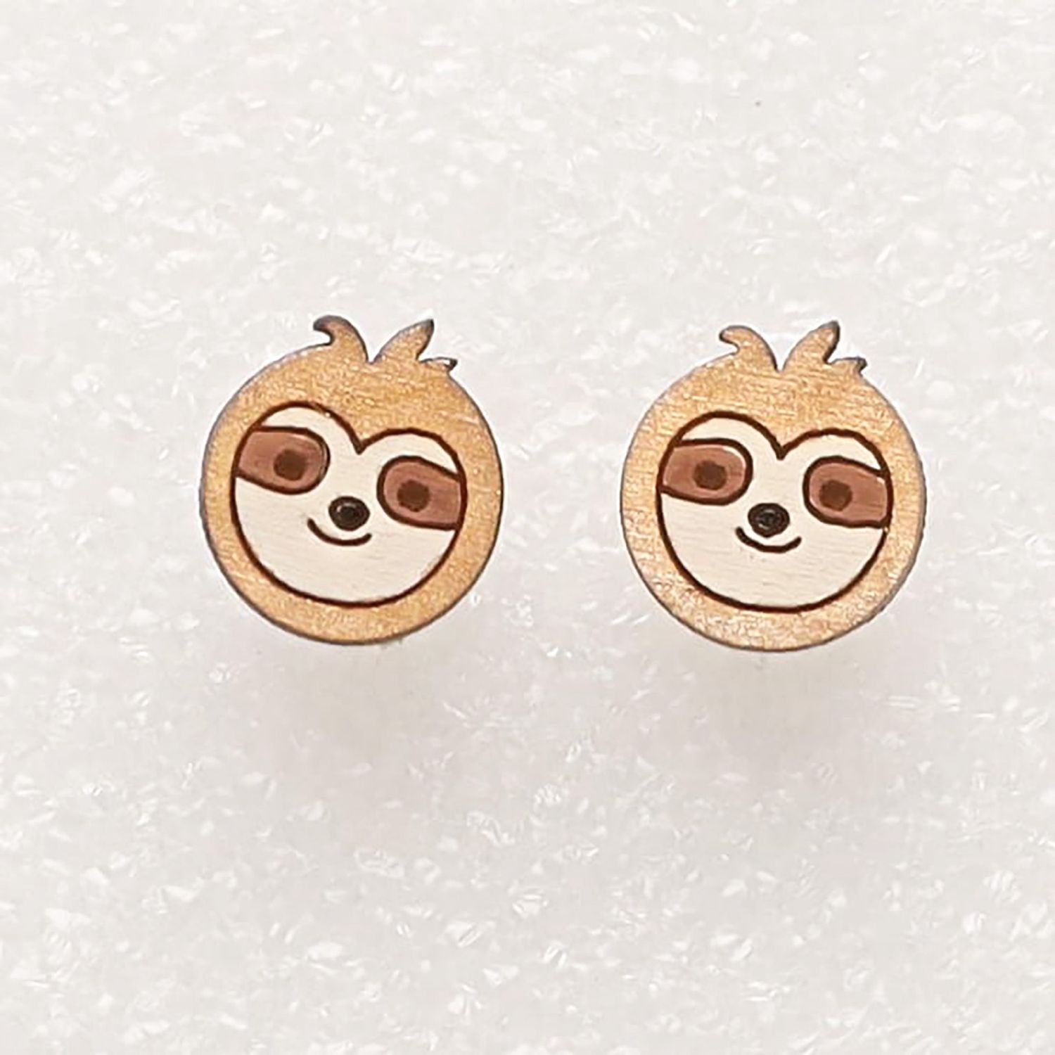 Sloth Face Wood Stud Earrings