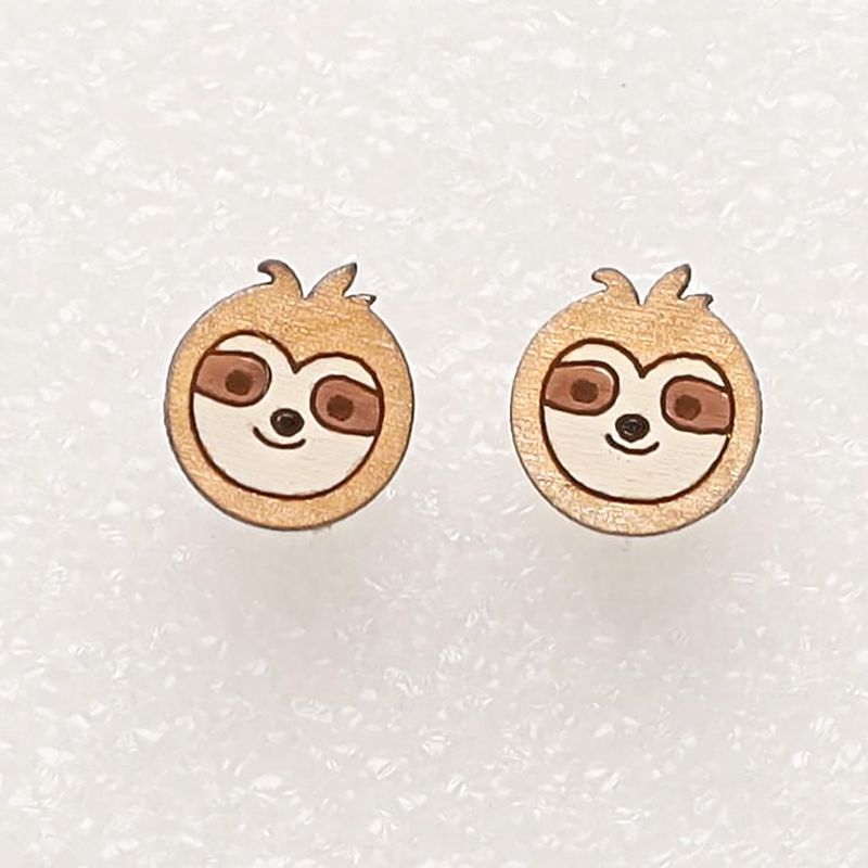 Sloth Face Wood Stud Earrings