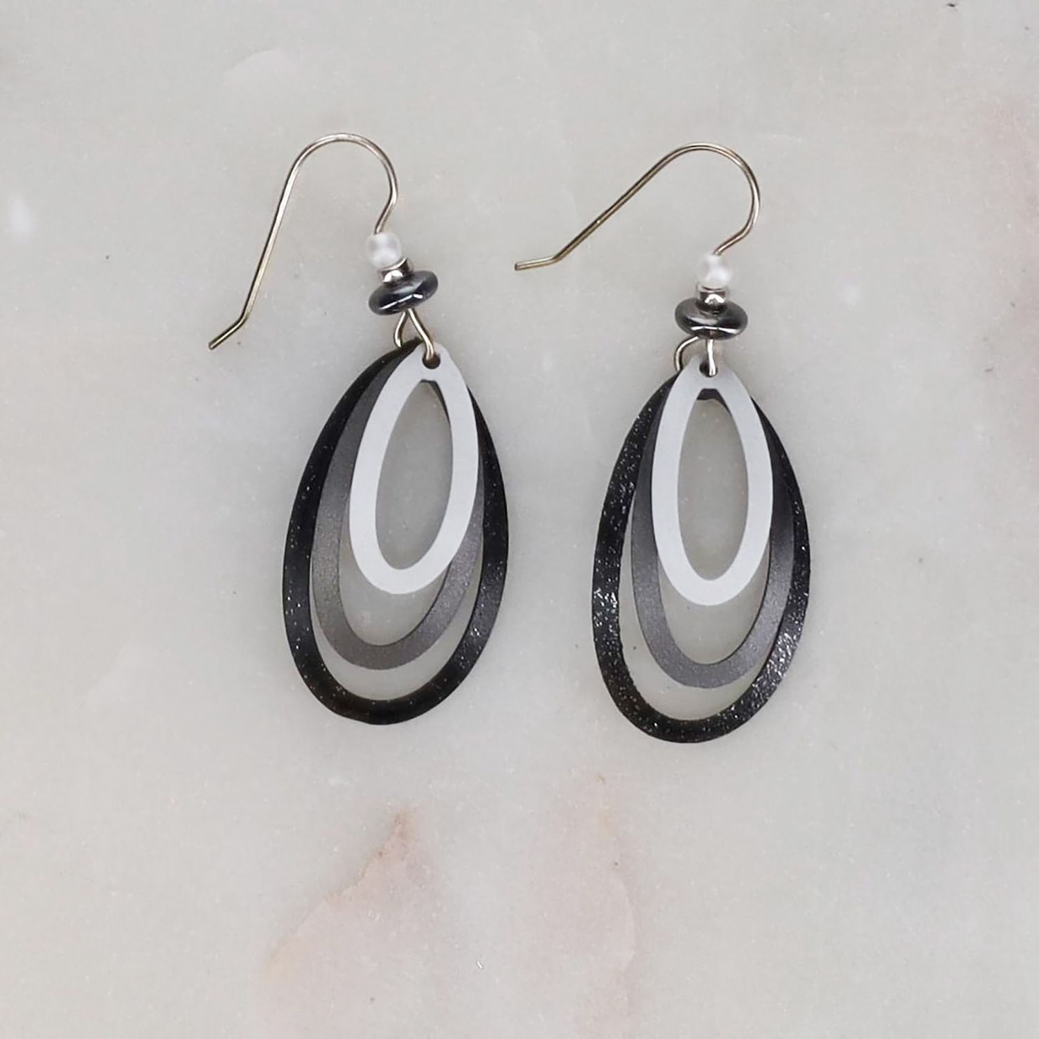 Three Part Gunmetal &amp; Silver Oval Earrings