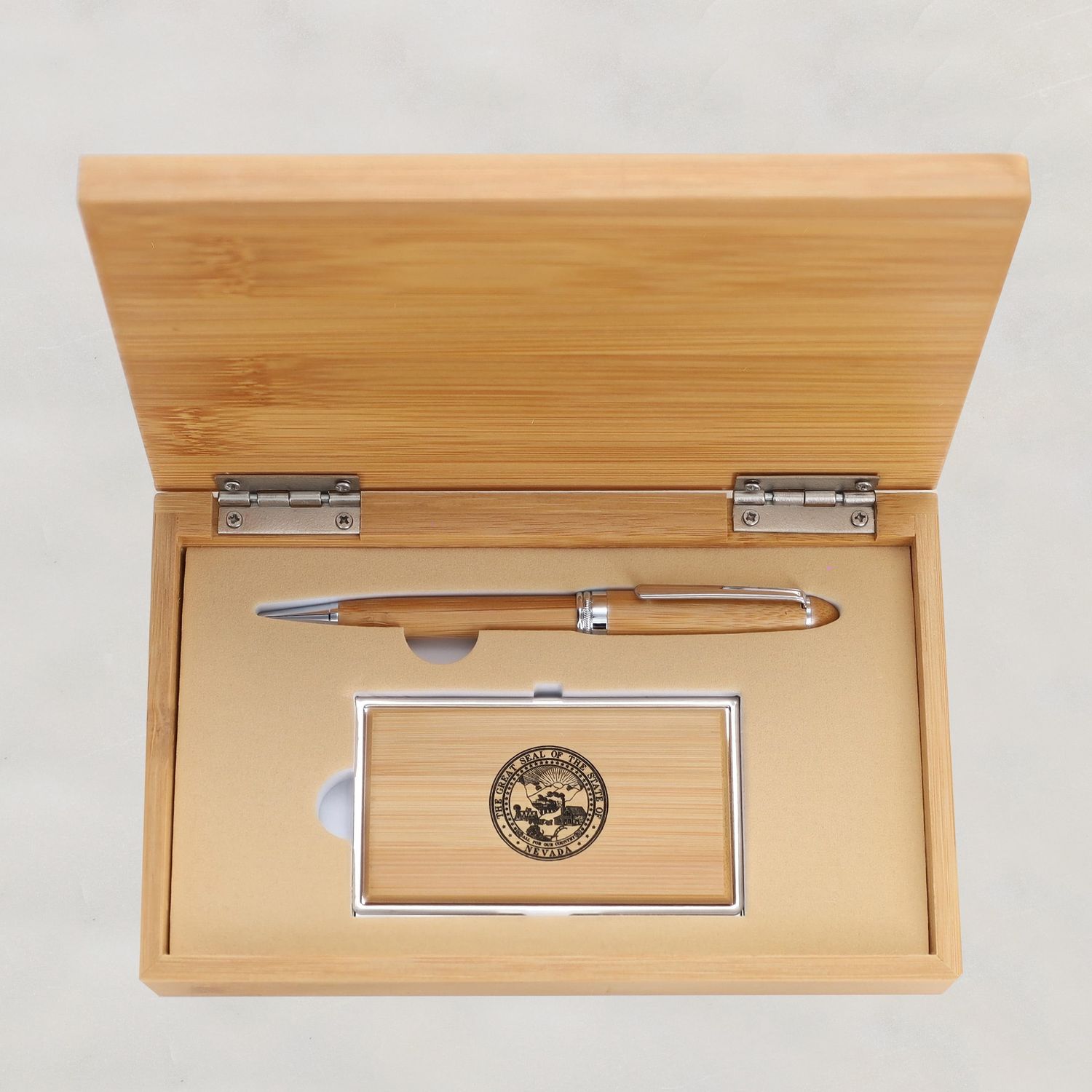 Bamboo Card Holder &amp; Pen Set w/ State Seal