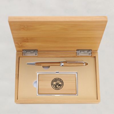 Bamboo Card Holder &amp; Pen Set w/ State Seal