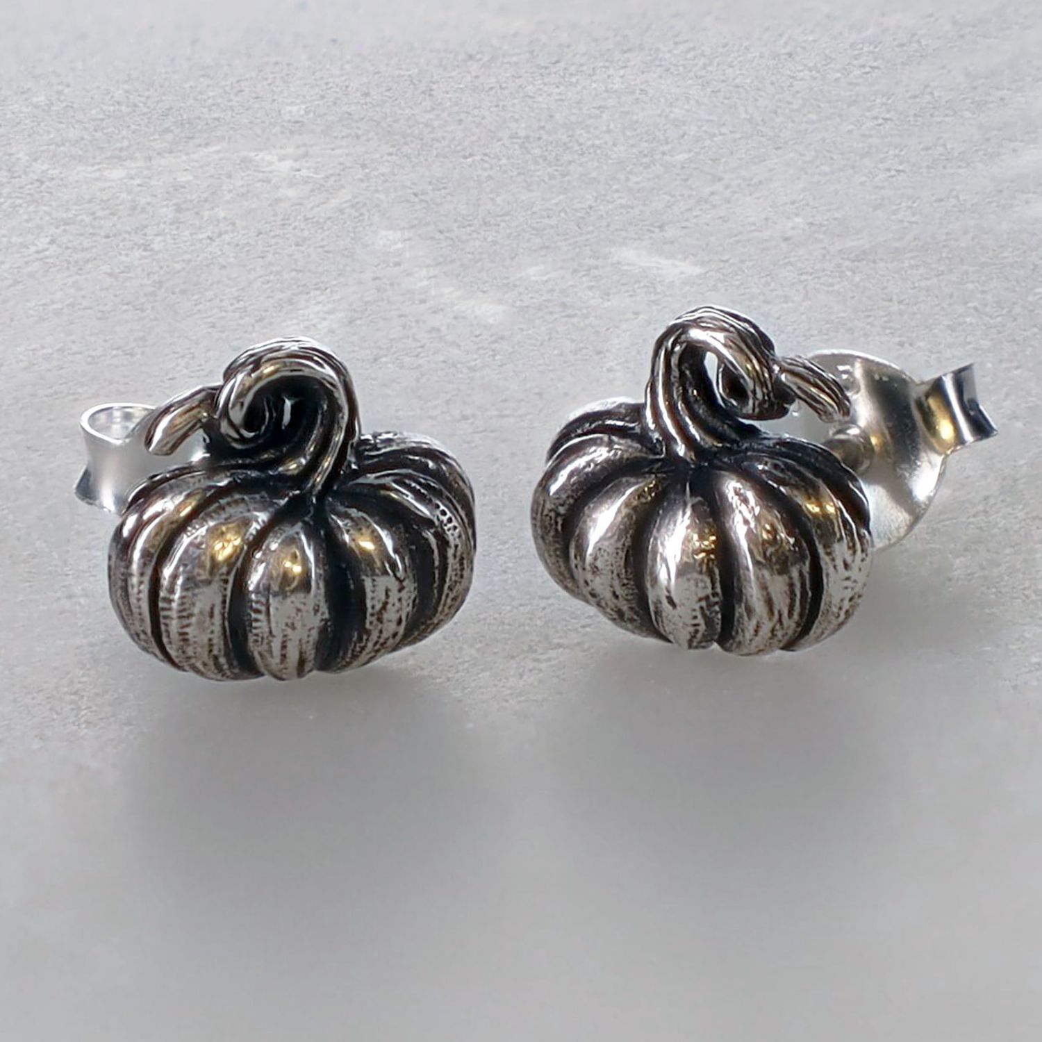 Silver 3D Pumpkin Stud Earrings