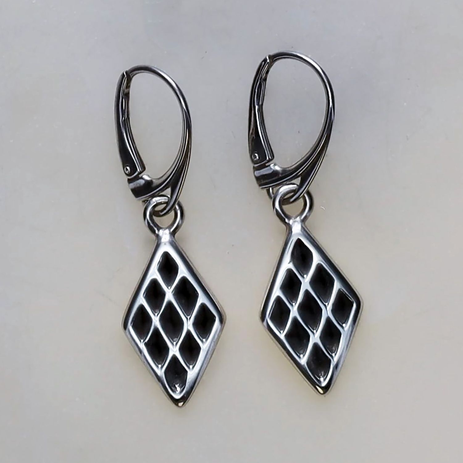 Black Diamond Patterned Silver Earrings