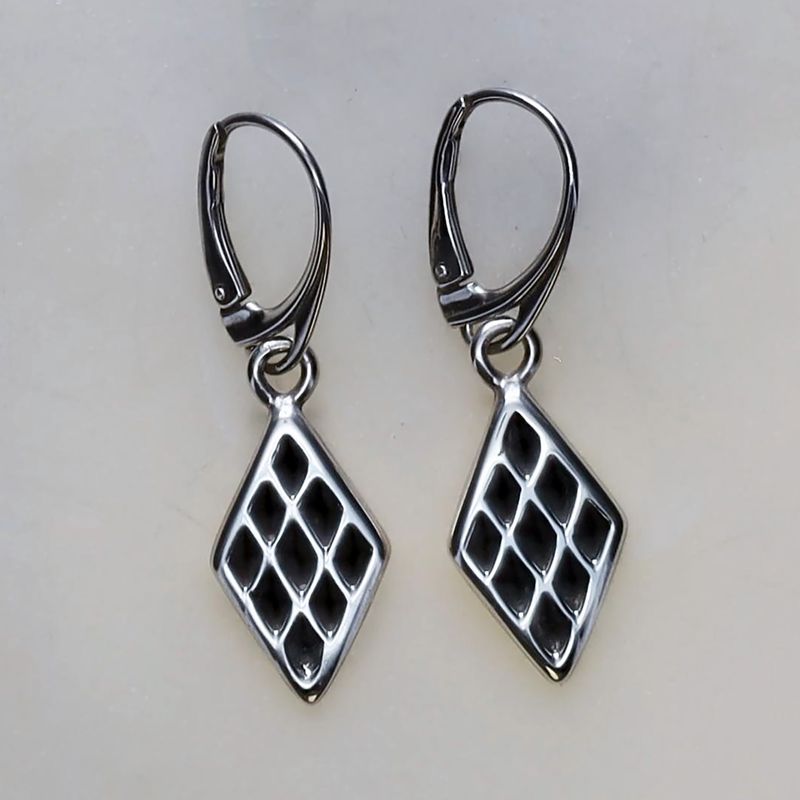 Black Diamond Patterned Silver Earrings