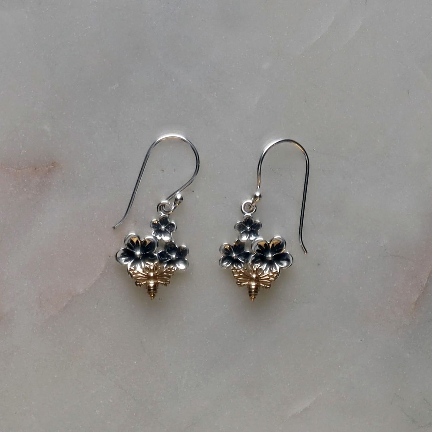 Sterling Silver Cherry Blossom &amp; Bee Earrings