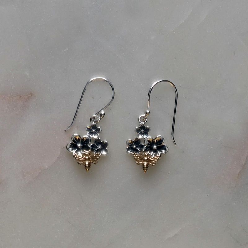 Sterling Silver Cherry Blossom &amp; Bee Earrings