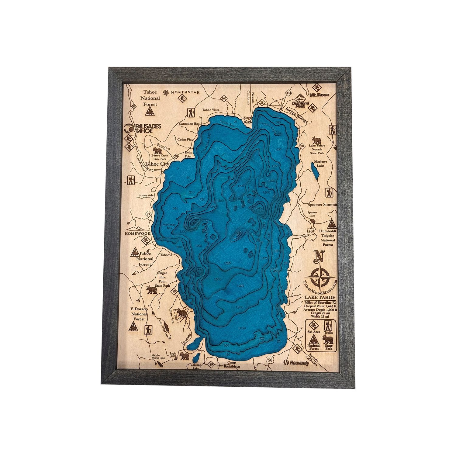 3-D Wood Map of Lake Tahoe, Size: 13"x17"