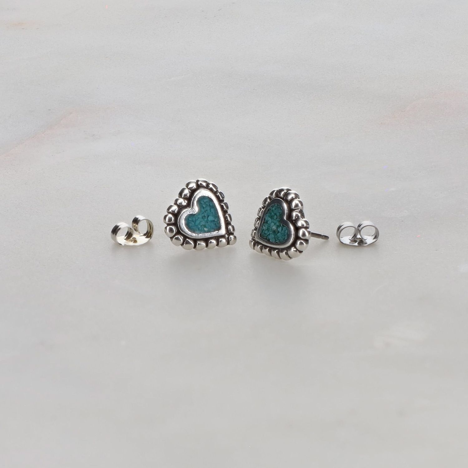 Beaded Heart w/ Turquoise Inlay Earrings