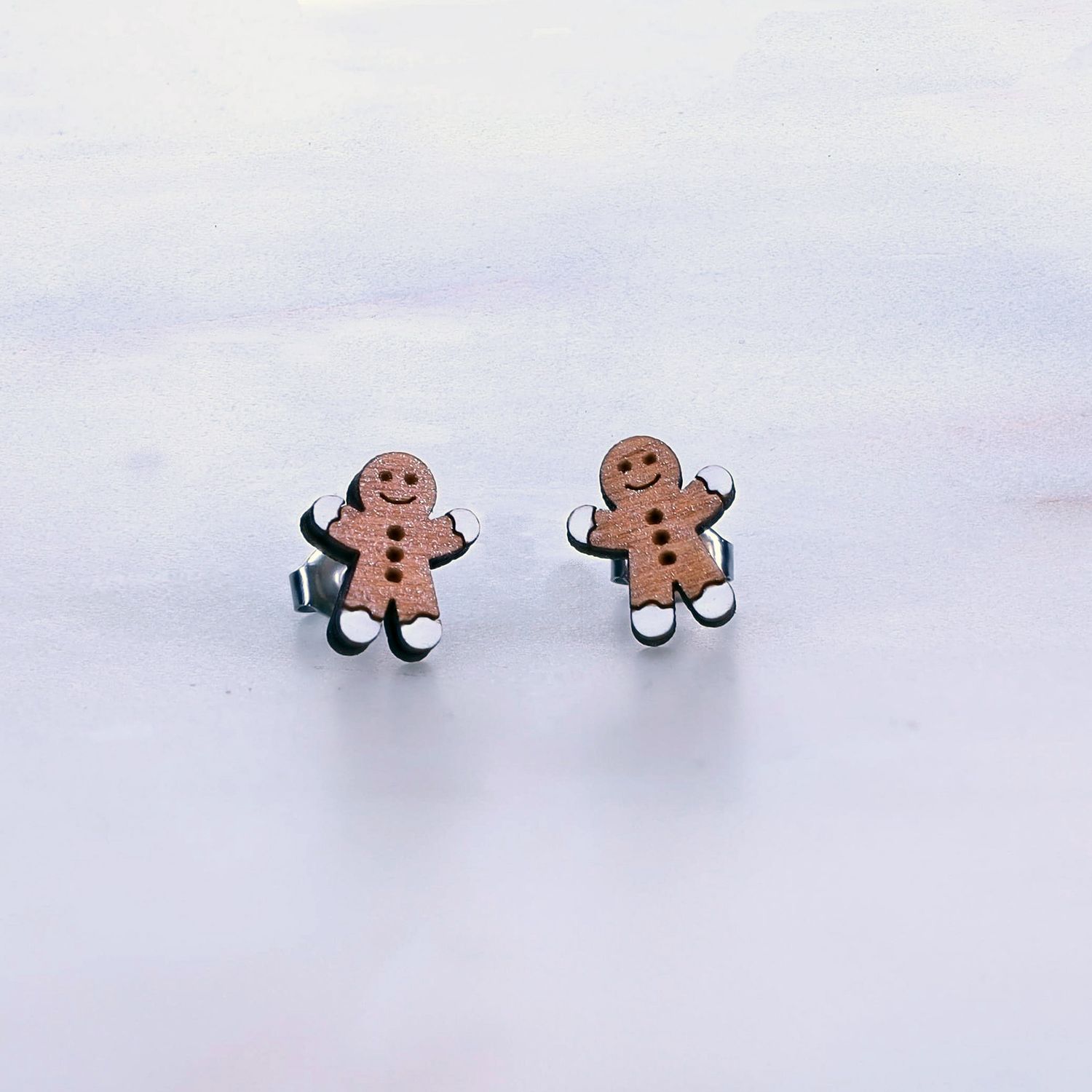 Gingerbread Man Wood Stud Earrings