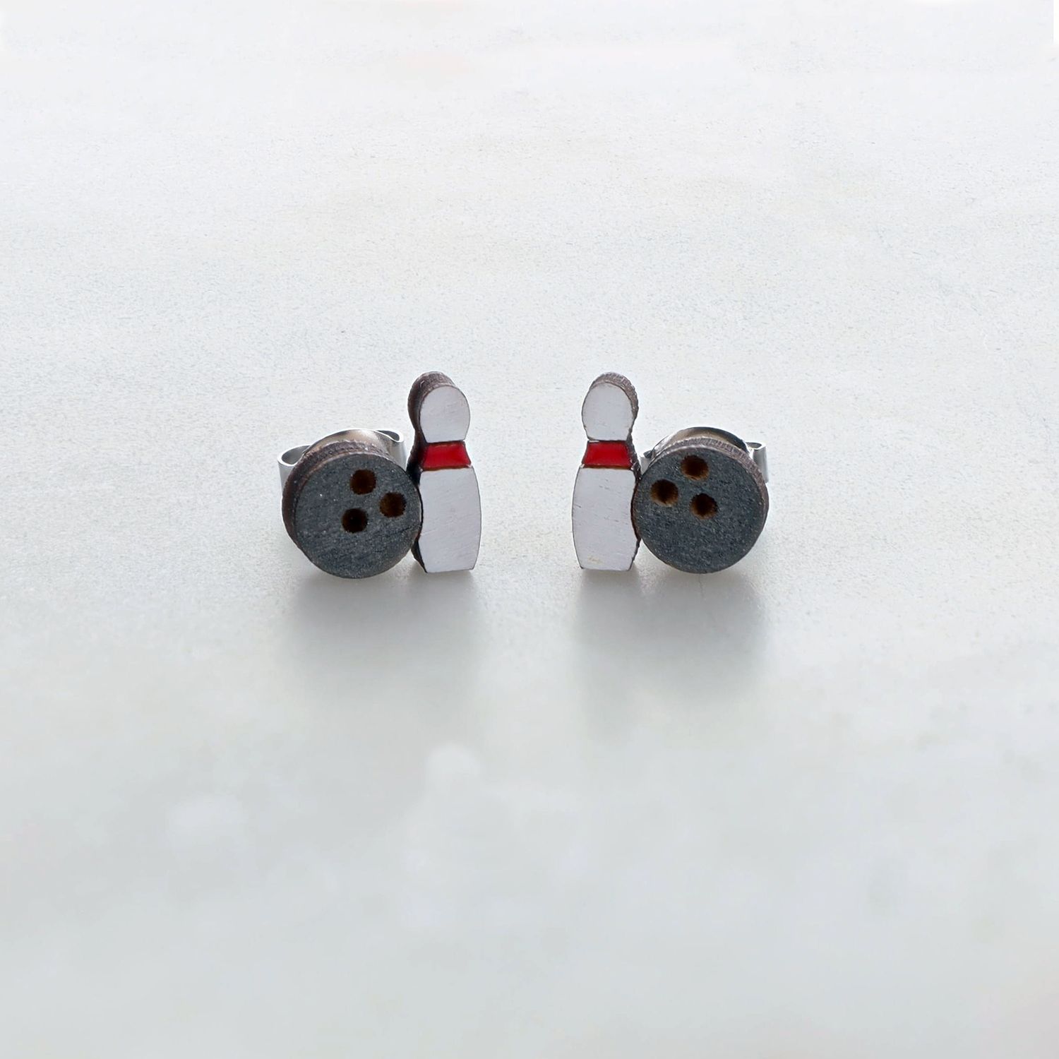 Bowling Ball and Pin Wood Stud Earrings