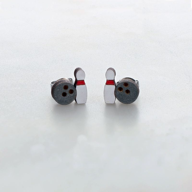Bowling Ball and Pin Wood Stud Earrings