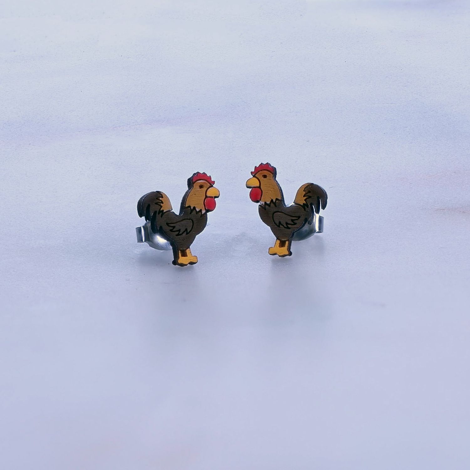 Rooster Wood Stud Earrings