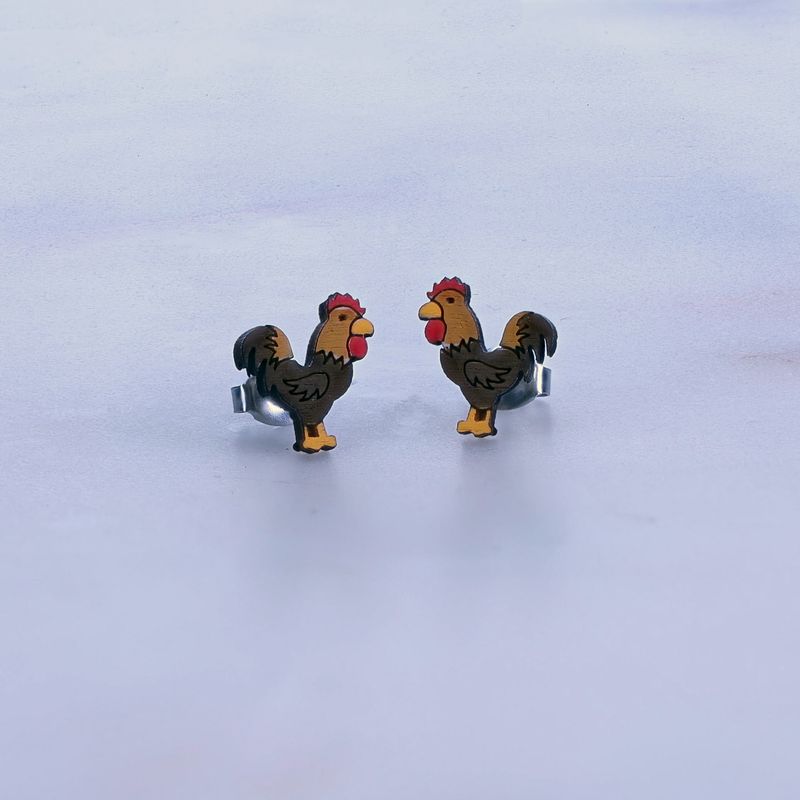 Rooster Wood Stud Earrings
