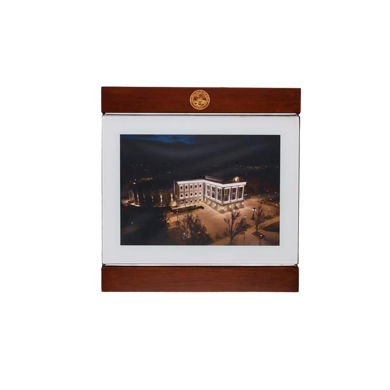 White Glass &amp; Walnut Picture Frame w/ State Seal