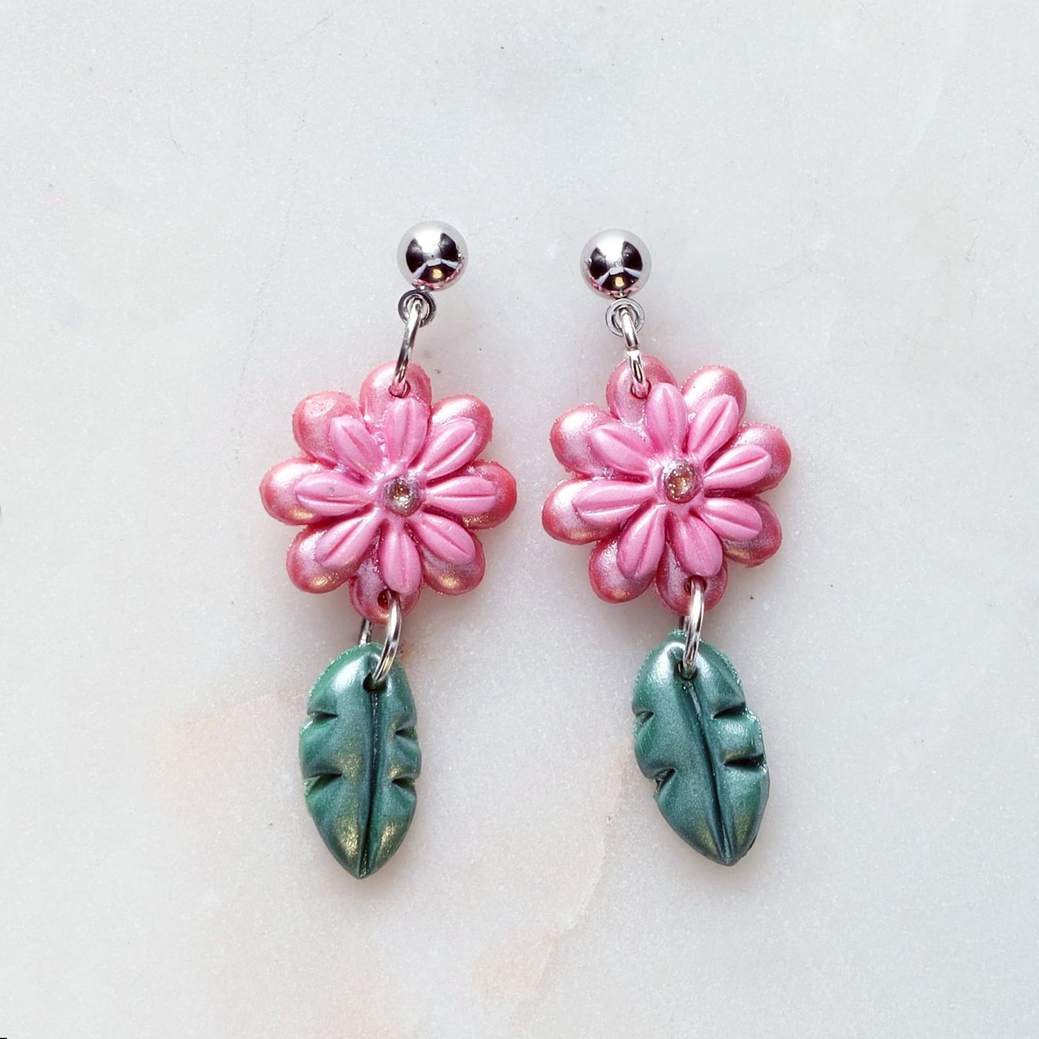 Pink Flower Clay Earrings