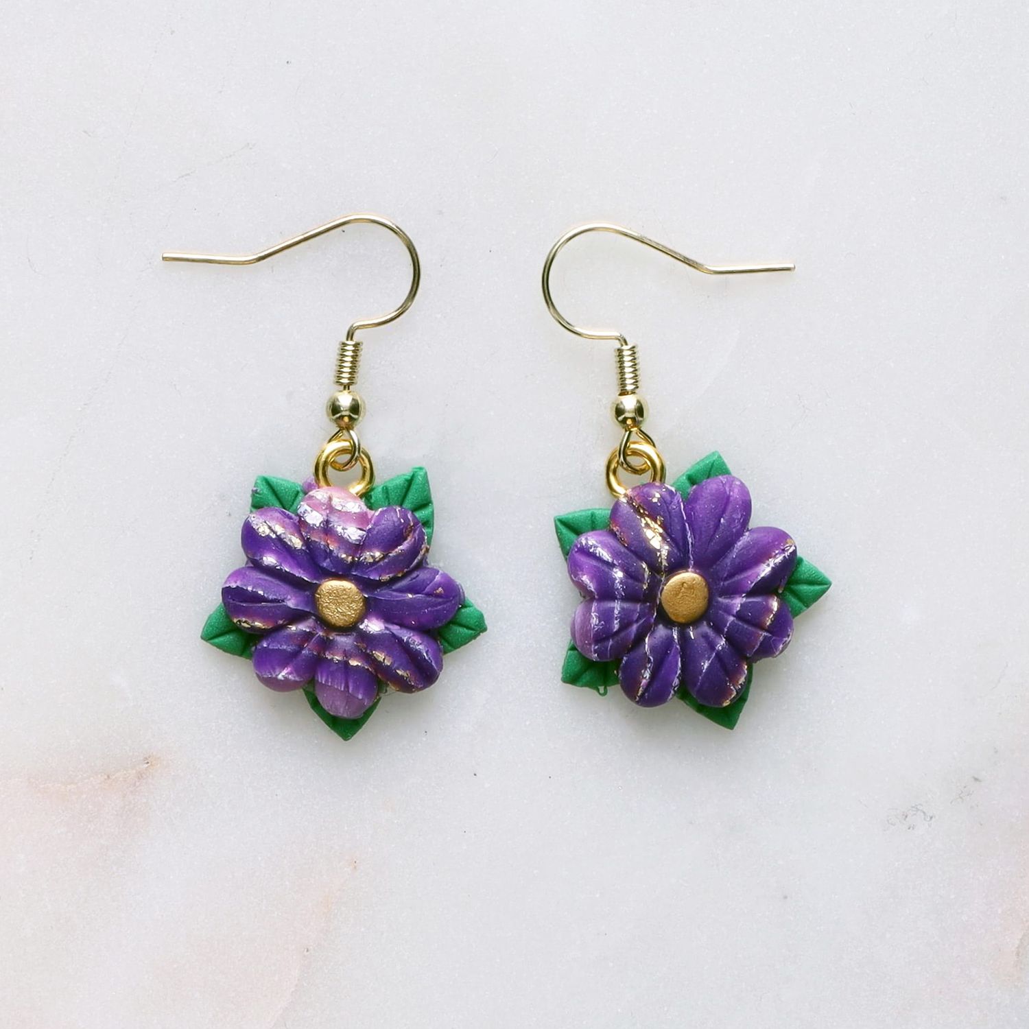 Purple Agate Clay Flower Earrings