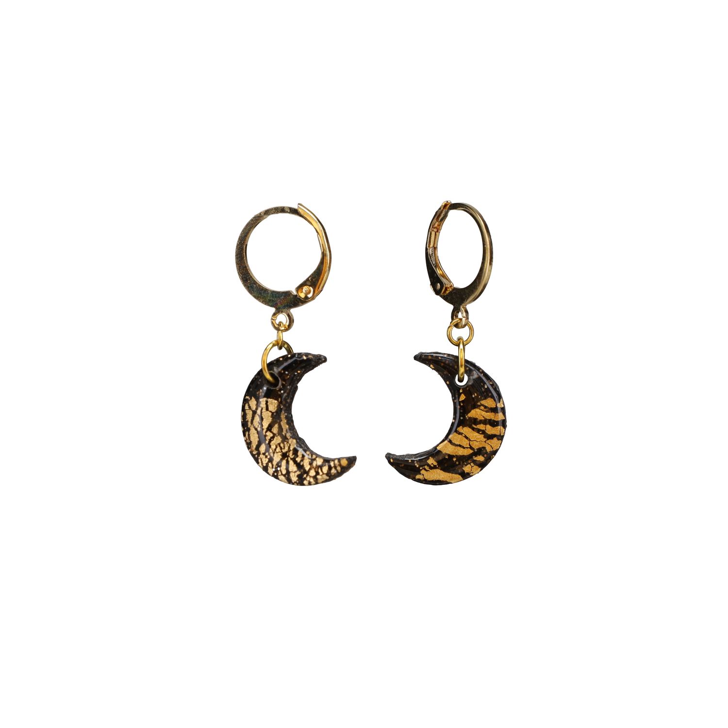 Gold Foil &amp; Black Crescent Moon Polymer Clay Hoop Earrings