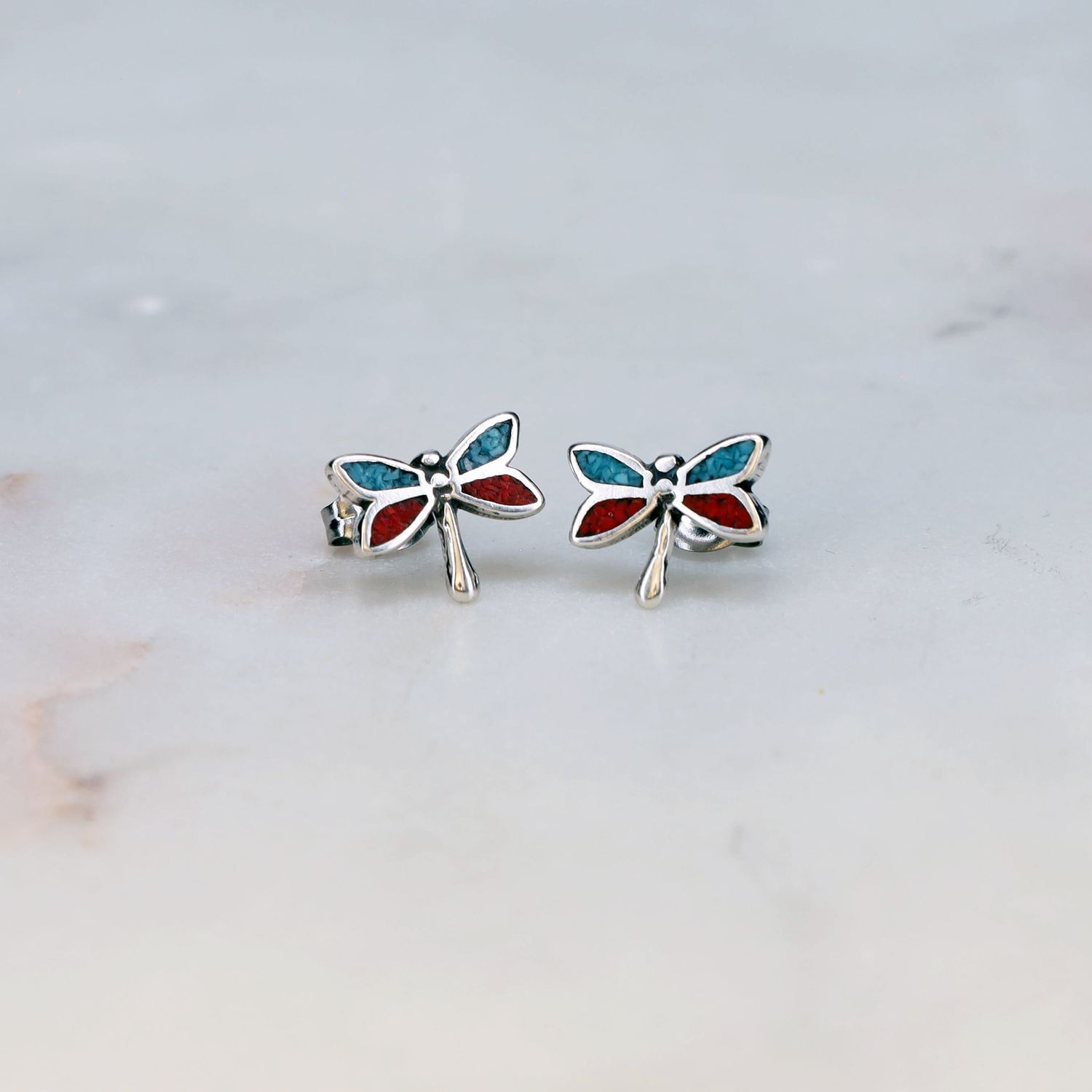 Coral/Turquoise Dragonfly Post Earrings