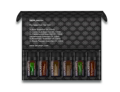 Set of 6 Pure Essential Oils, Gift Box (for HIM) Basil, Clove Bud, Cedarwood, Rosewood, Rosemary, Black Pepper