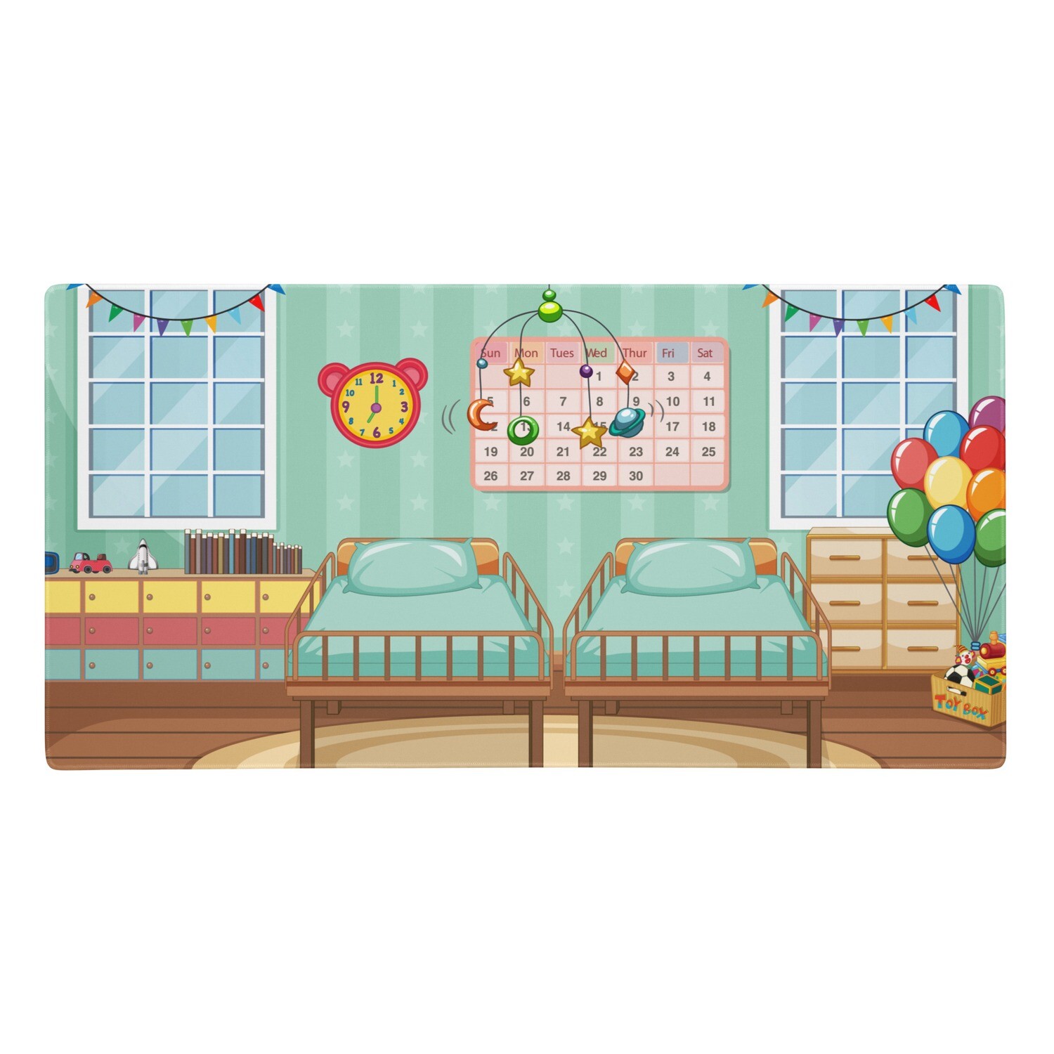 This mat will be fun if your girl needs a play room for little dolls. Features a room with balloons , books , toys , &amp; matching twin beds.