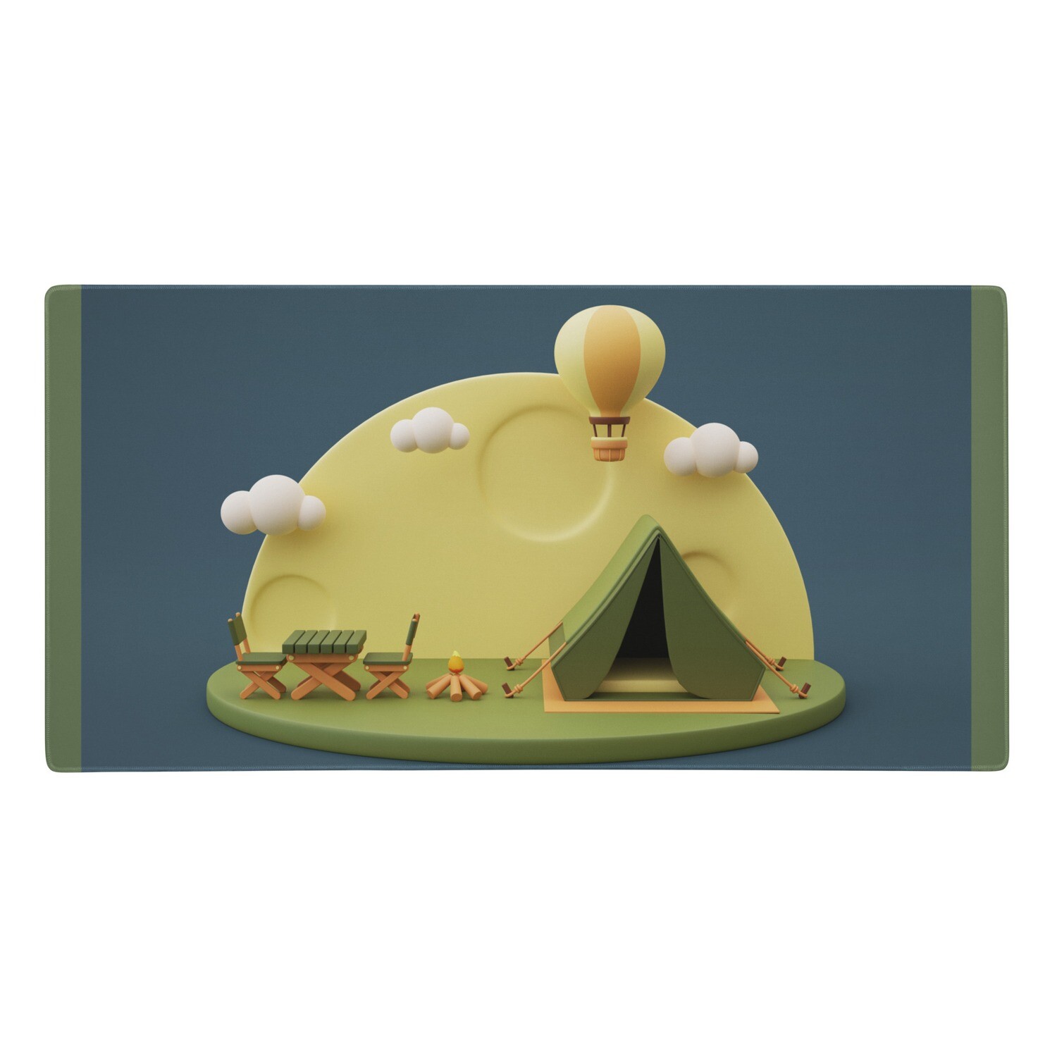 Features a minimalist 3D campsite with white floating clouds, a yellow hot air balloon, green picnic table, and a cute little fire.