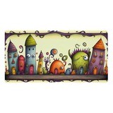 This mat will be fun if --- your child likes monsters &amp; peculiar houses. Features eight monster houses in shades of green , orange , purple &amp; yellow .