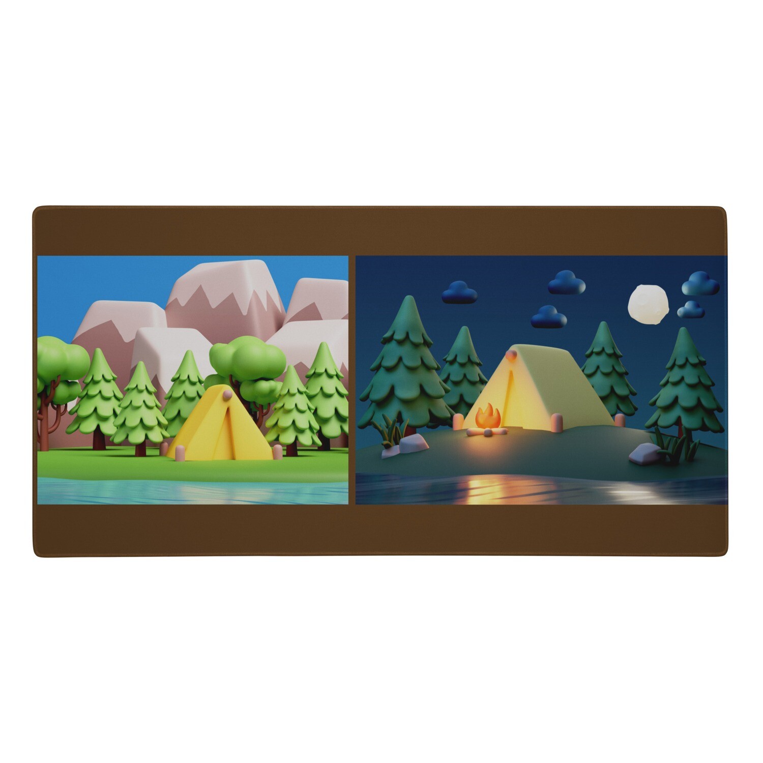 Features a minimalist- style 3D daytime campsite &amp; a night time campsite.