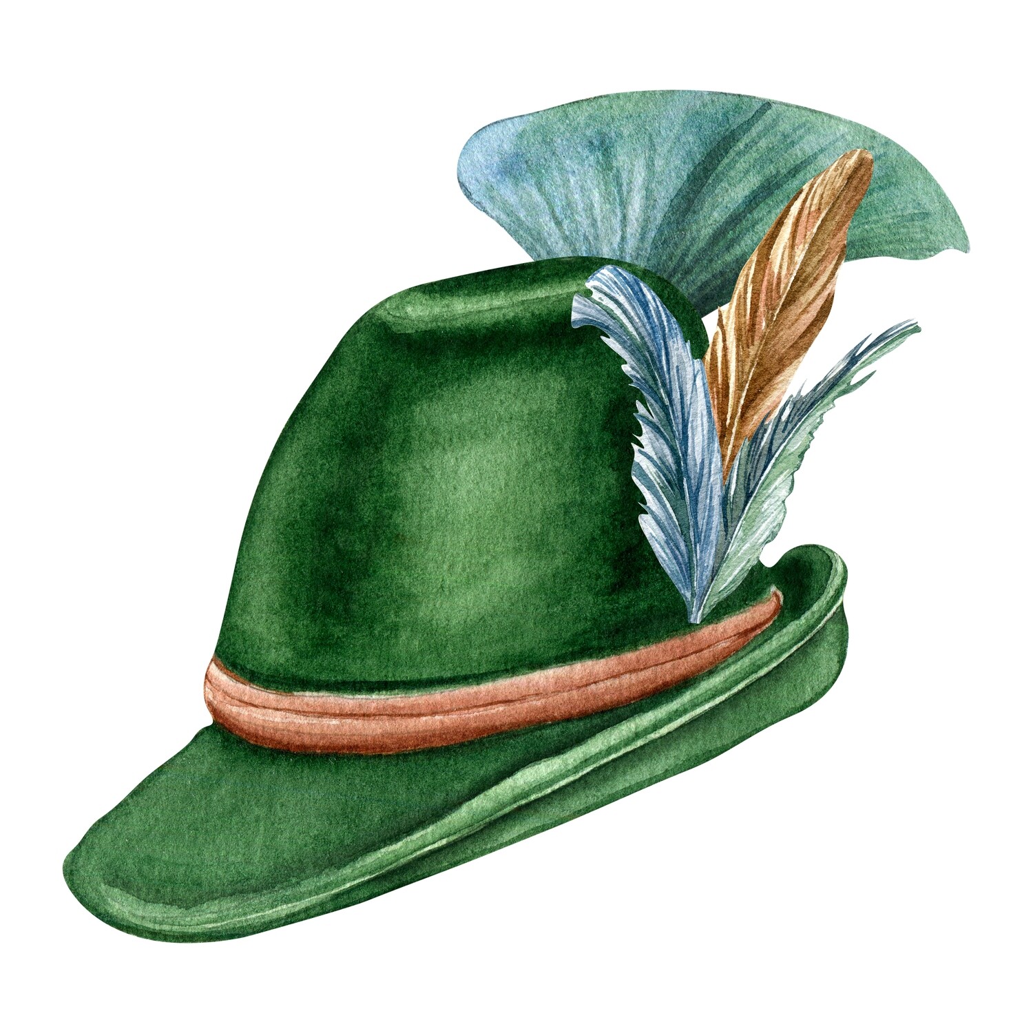 watercolor green hat feathers blue brown 