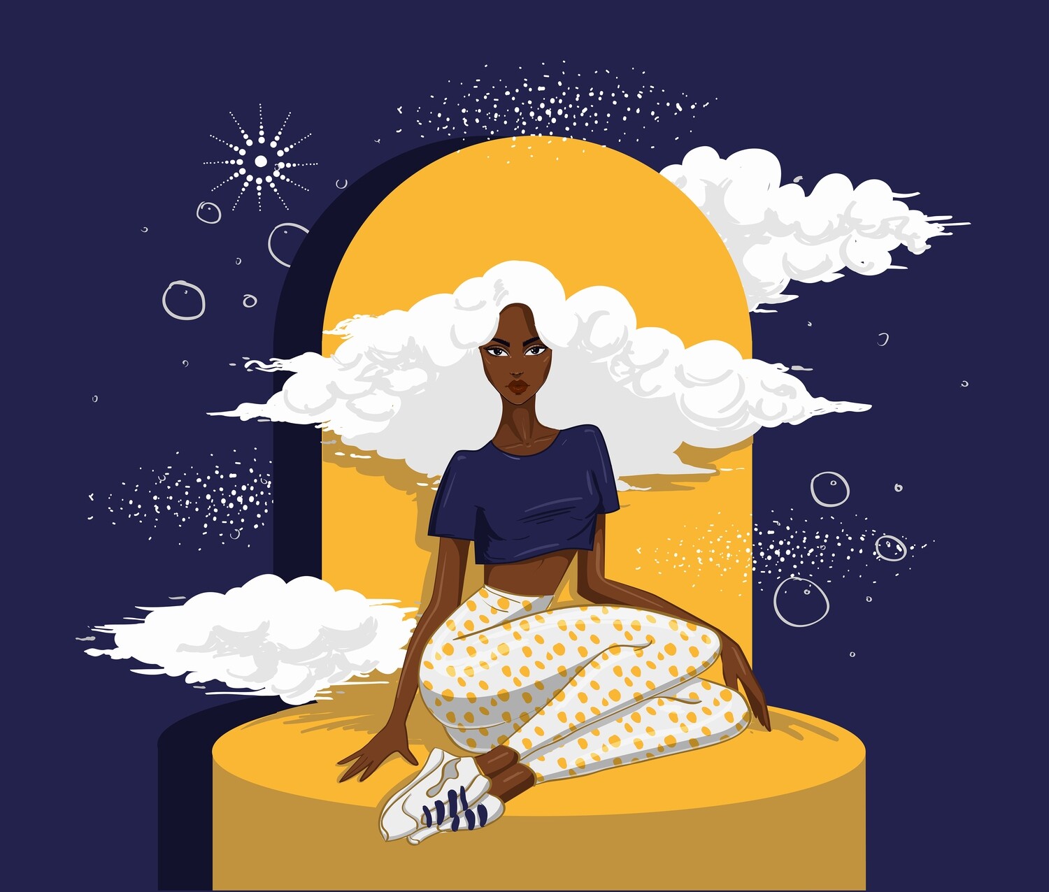 beautiful woman sitting among clouds stars white hair navy blue yellow polka dots creative intriguing unique