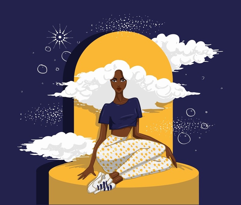 beautiful woman sitting among clouds stars white hair navy blue yellow polka dots creative intriguing unique